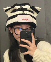 Retro Black White Striped Pig Ear Knit Bonnie Hat