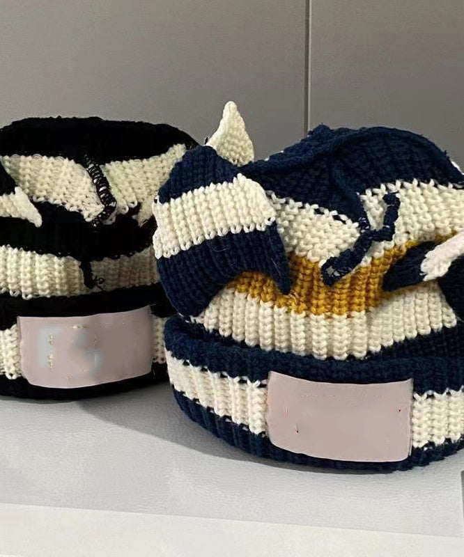 Retro Black White Striped Pig Ear Knit Bonnie Hat