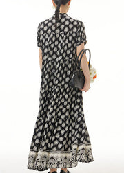 Retro Black Wrinkled Print Patchwork Long Chiffon Dress Summer