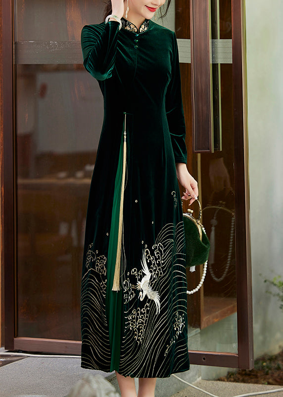 Retro Blackish Green Stand Collar Embroidered Button Velour Maxi Dress Fall