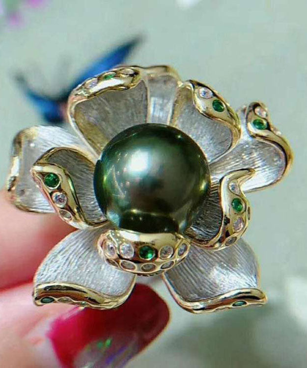 Retro Blackish Green Sterling Silver Zircon Gem Stone Lotus Rings