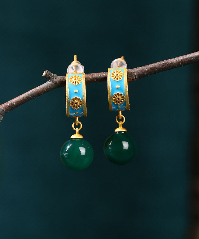Retro Blue Ancient Gold Chalcedony Floral Hoop Earrings
