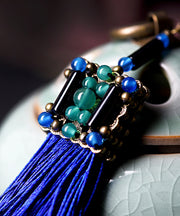 Retro Blue Bronze Alloy Tassel Agate Drop Earrings