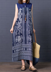 Retro Blue Chinese Button Patchwork Side Open Linen Long Dress Sleeveless