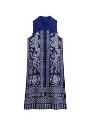 Retro Blue Chinese Button Patchwork Side Open Linen Long Dress Sleeveless