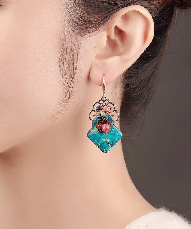 Retro Blue Copper Cloisonne Jade Bee Drop Earrings
