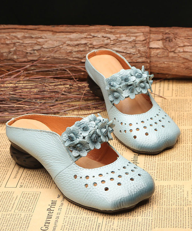 Retro Blue Cowhide Leather Floral Splicing Slide Sandals
