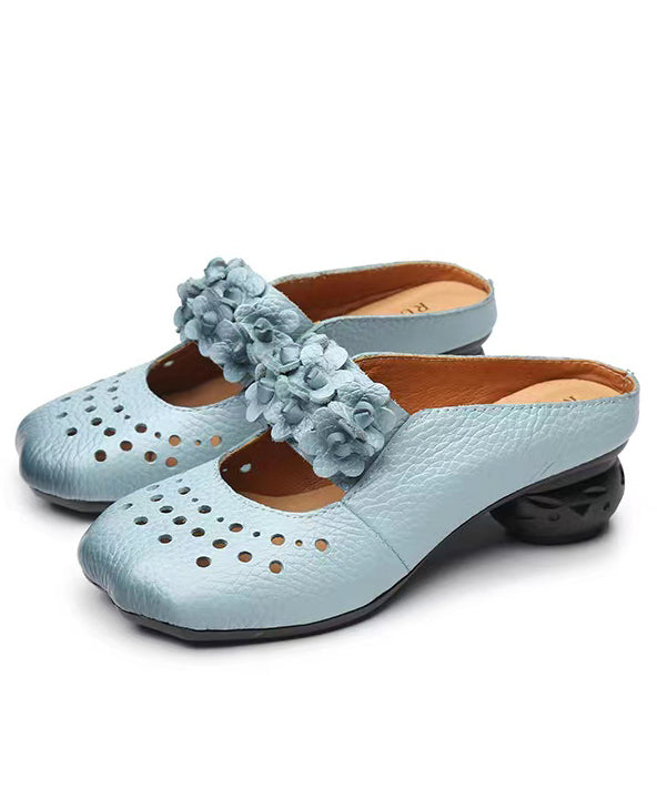 Retro Blue Cowhide Leather Floral Splicing Slide Sandals