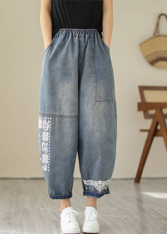Retro Blue Embroidered Pockets Patchwork Denim Pants Summer