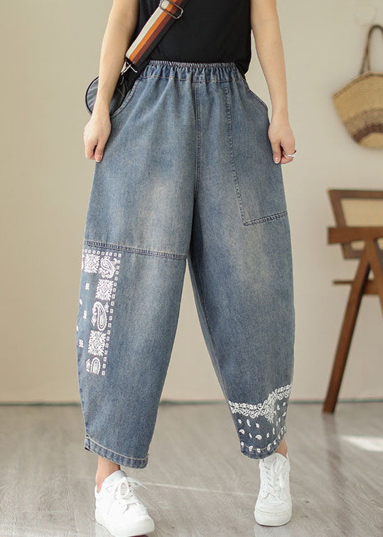 Retro Blue Embroidered Pockets Patchwork Denim Pants Summer