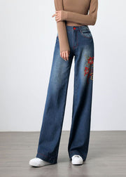 Retro Blue Embroidered Pockets Patchwork Denim Wide Leg Pants Spring