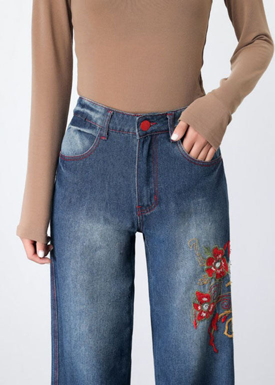 Retro Blue Embroidered Pockets Patchwork Denim Wide Leg Pants Spring