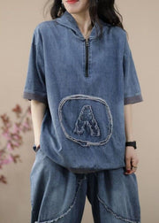 Retro Blue Hooded Zippered Patchwork Denim Two Pieces Set Summer