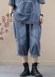 Retro Blue Hooded Zippered Patchwork Denim Two Pieces Set Summer