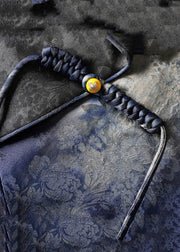 Retro Blue Notched Tassel Button Silk Coat Fall