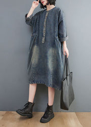Retro Blue O-Neck Patchwork-Knopftaschen Baumwoll-Denim-Kleider mit langen Ärmeln