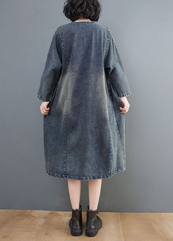 Retro Blue O-Neck Patchwork-Knopftaschen Baumwoll-Denim-Kleider mit langen Ärmeln