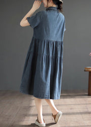 Retro Blue Patchwork Solid Silk Vacation Denim Long Shirt Dresses Summer