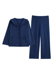 Retro Blue Peter Pan Collar Patchwork Button Cotton Pajamas Two Pieces Set Long Sleeve