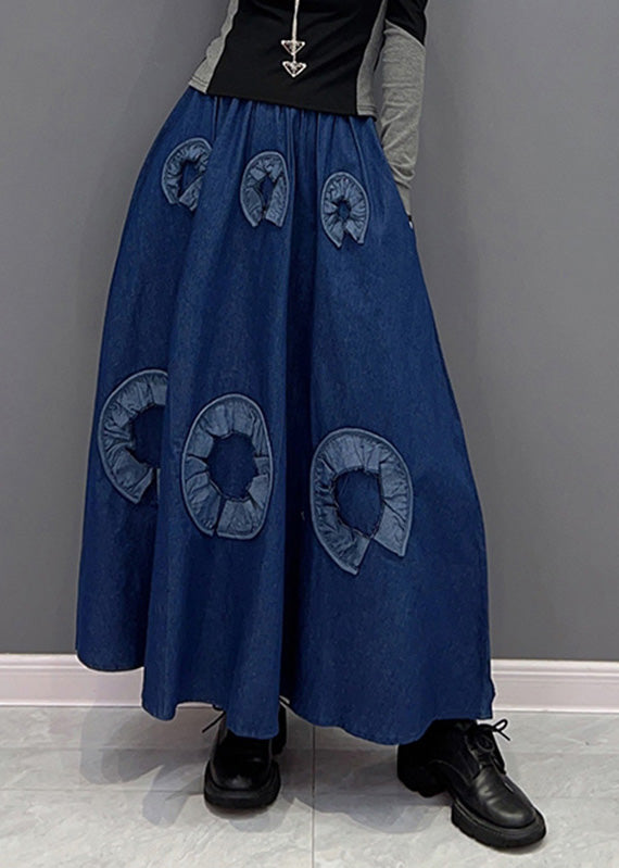 Retro Blue Print Elastic Waist Denim Skirts Spring
