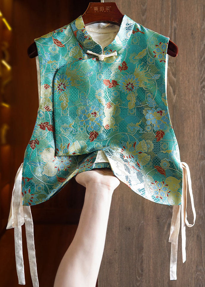 Retro Blue Stand Collar Asymmetrical Side Open Silk Waistcoat Sleeveless