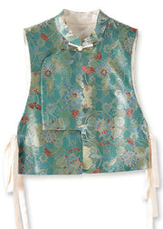 Retro Blue Stand Collar Asymmetrical Side Open Silk Waistcoat Sleeveless
