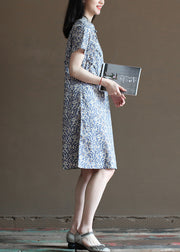 Retro Blau Stehkragen Print Leinen Kleider im chinesischen Stil Kurzarm
