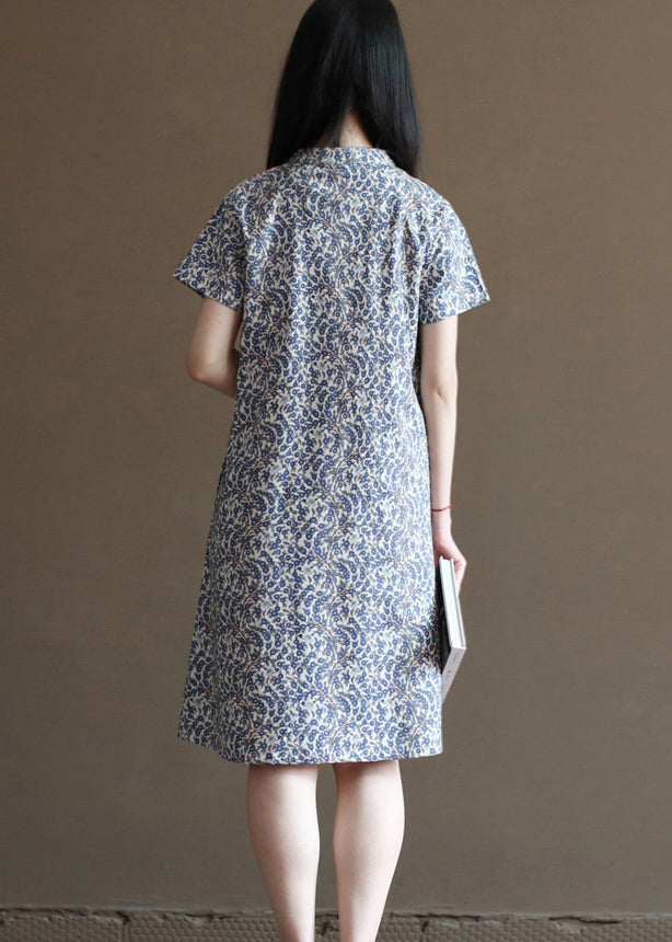 Retro Blue Stand Collar Print Linen Chinese Style Dresses Short Sleeve