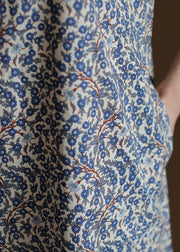 Retro Blau Stehkragen Print Leinen Kleider im chinesischen Stil Kurzarm