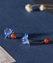 Retro Blue Sterling Silver Asymmetricar Agate Cloisonne Lotus Tassel Drop Earrings