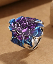 Retro Blue Sterling Silver Cloisonne Peony Flower Rings