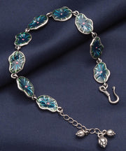 Retro Blue Sterling Silver Oil Drip Lotus Chain Bracelet