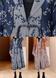 Retro Blue Tasseled Pockets Print Patchwork Cotton Trench Fall