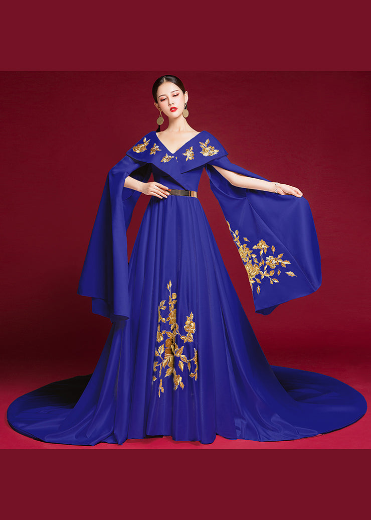 Retro Blue V Neck Embroidered Patchwork Silk Dresses Long Sleeve