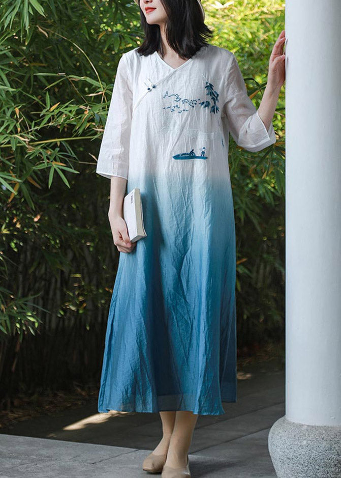Retro Blue White Gradient Color V Neck Embroidered Long Dress Spring