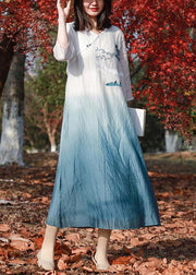 Retro blau weiß Farbverlauf V-Ausschnitt bestickt langes Kleid Frühling