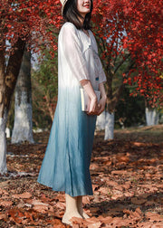 Retro Blue White Gradient Color V Neck Embroidered Long Dress Spring