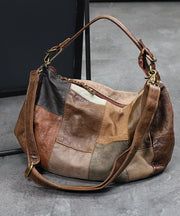 Retro Brown Asymmetrical Patchwork Denim Calf Leather Messenger Bag