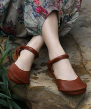 Retro Brown Buckle Strap Splicing Cowhide Leather Chunky Sandals