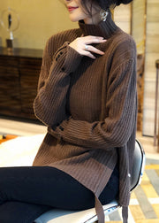 Retro Brown Turtleneck Side Open Thick Wooled Knitted Sweaters Fall