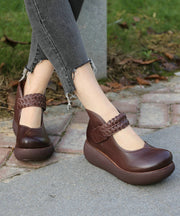 Retro Buckle Strap Splicing Platform Ankle Boots Brown Cowhide Leather