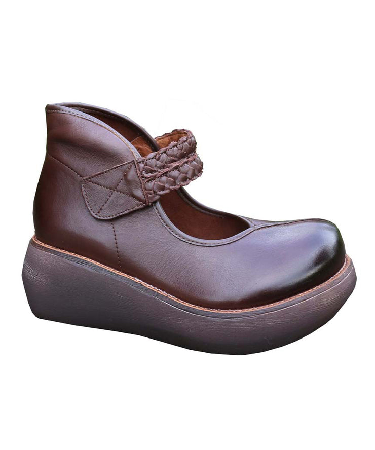 Retro Buckle Strap Splicing Platform Ankle Boots Brown Cowhide Leather