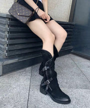 Retro Buckle Strap Zippered Splicing Chunky Boots Mulberry Suede