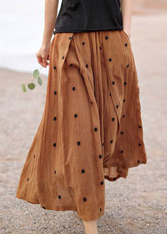 Retro Chocolate Dot Print Pockets Linen Skirt Summer