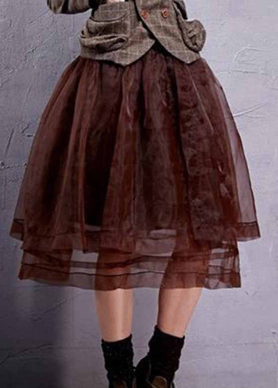 Retro Chocolate Elastic Waist Organza A Line Skirts Spring