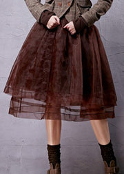 Retro Chocolate Elastic Waist Organza A Line Skirts Spring