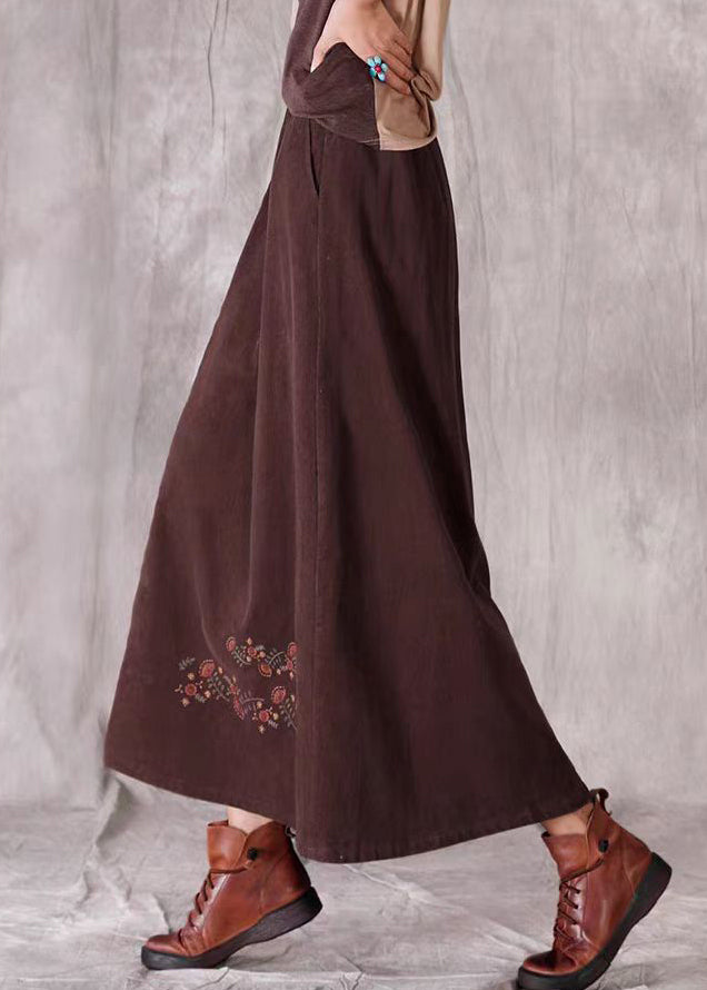Retro Coffee Embroideried Pockets Corduroy Skirts Spring