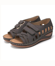 Retro Coffee Hollow Out Splicing Peep Toe Sandals Faux Leather