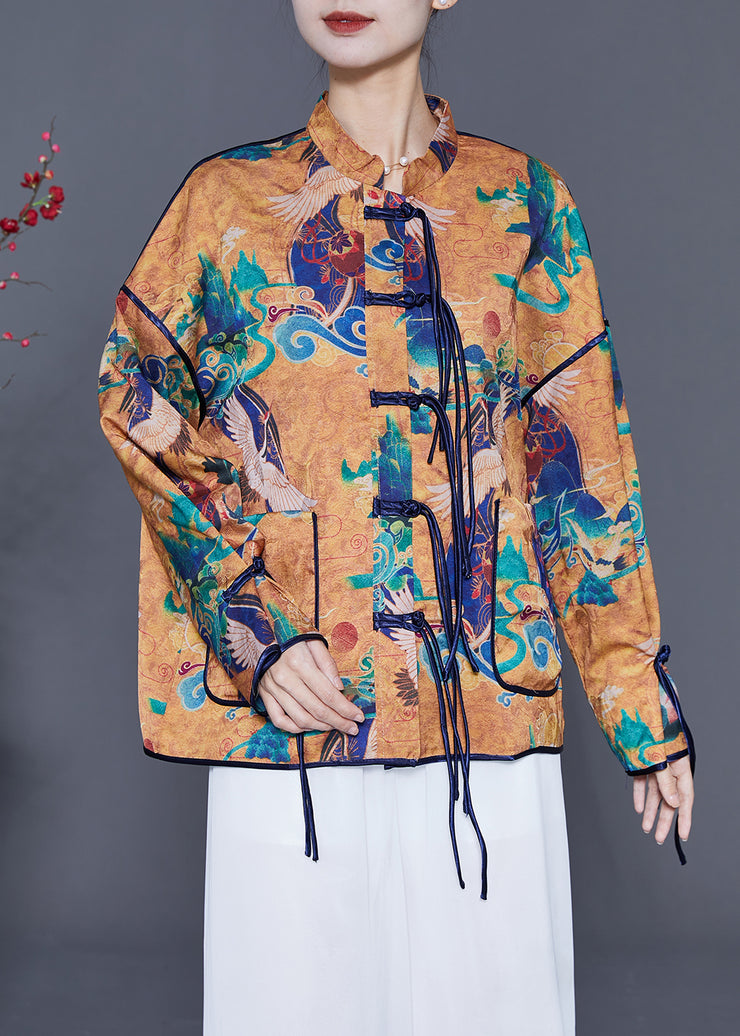 Retro Coffee Mandarin Collar Print Tassel Silk Shirt Spring