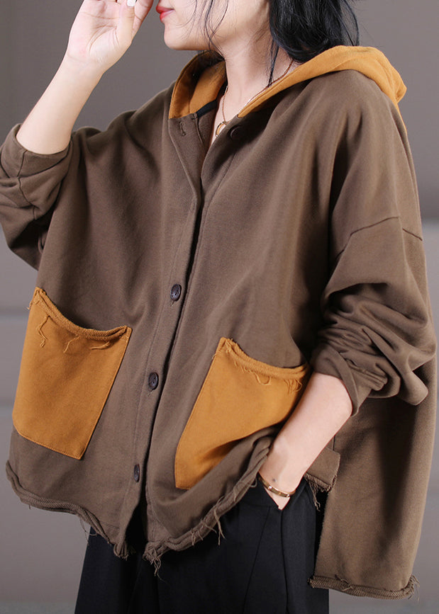 Retro Chocolate Patchwork Cotton Hooded Coats Fall